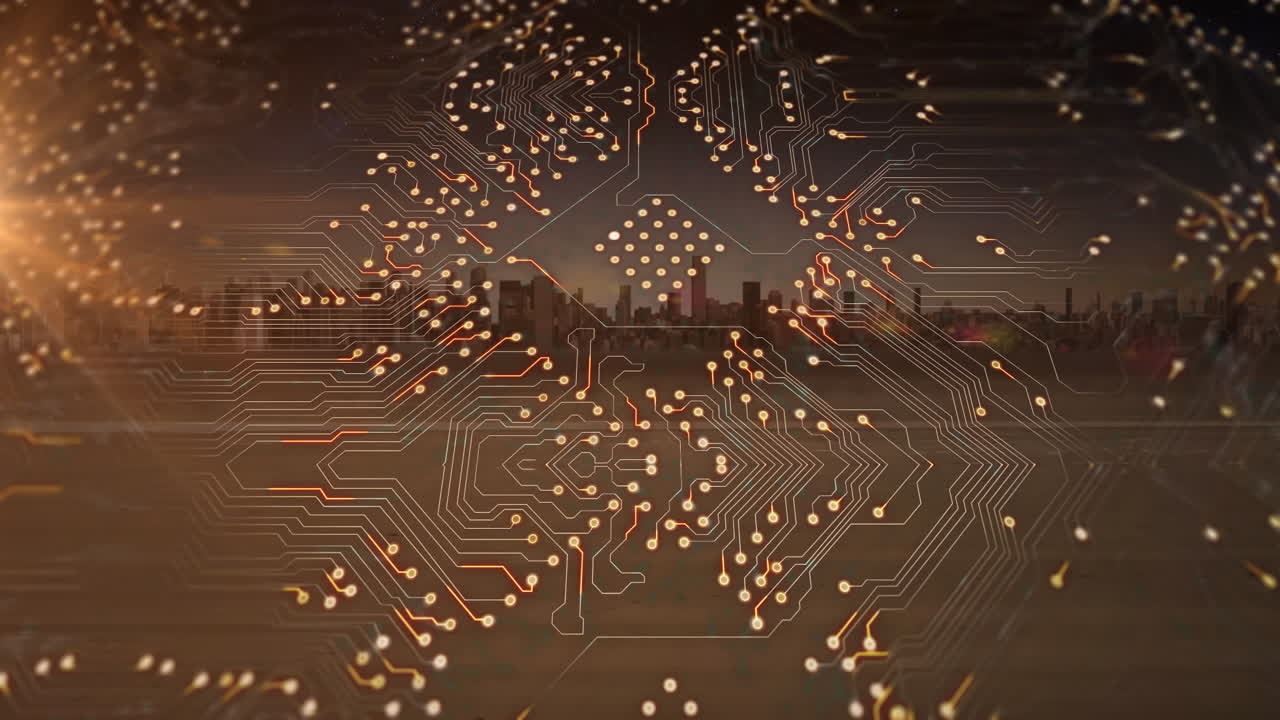 데이터 프로세싱, 도시 풍경 및 회로 보드의 애니메이션