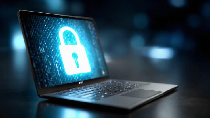 Cybersecurity in Action: A Laptop Protecting Sensitive Data with Advanced Encryption and Digital Lock Symbol on an Illuminated Screen Surrounded by a Hi-Tech Background