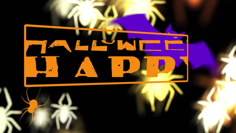 animation of happy halloween text over spiders and bats