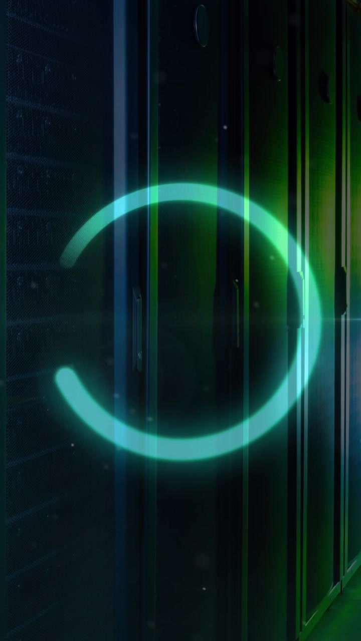 Animation of neon round scanner and white particles against computer server room
