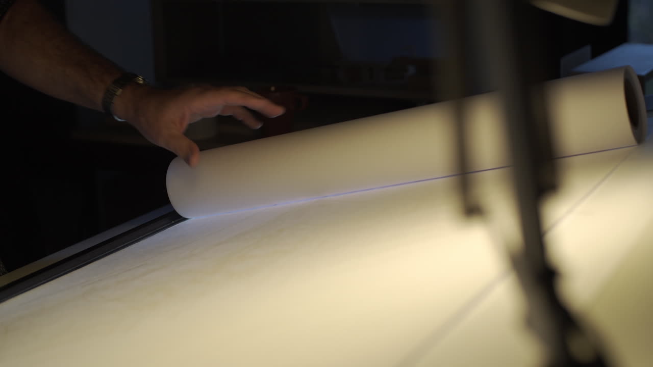 ingeniero arquitecto desplegando una impresión azul en el estudio