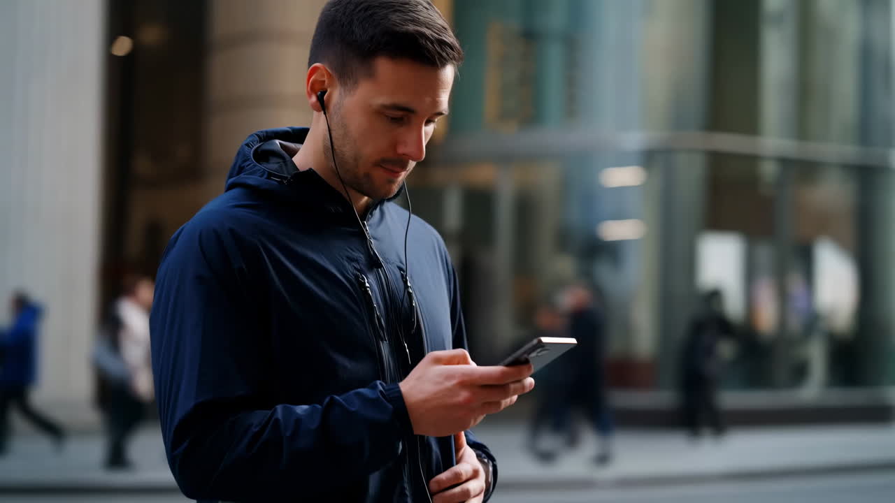 Giovane uomo con auricolari che usa lo smartphone in strada
