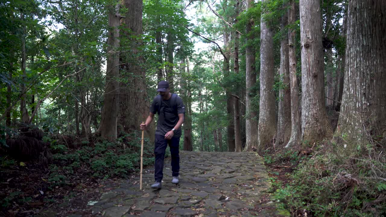 Tourist exploring Kumano Kodo pilgrimage route in Kumano Forest, UNESCO World Heritage site