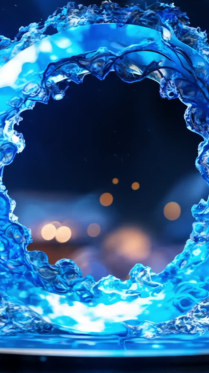 A blue circle with water flowing out of it. The water is illuminated and the circle is surrounded by rocks