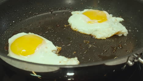 close up view: eggs with yellow yolks fry crispy brown in hot skillet