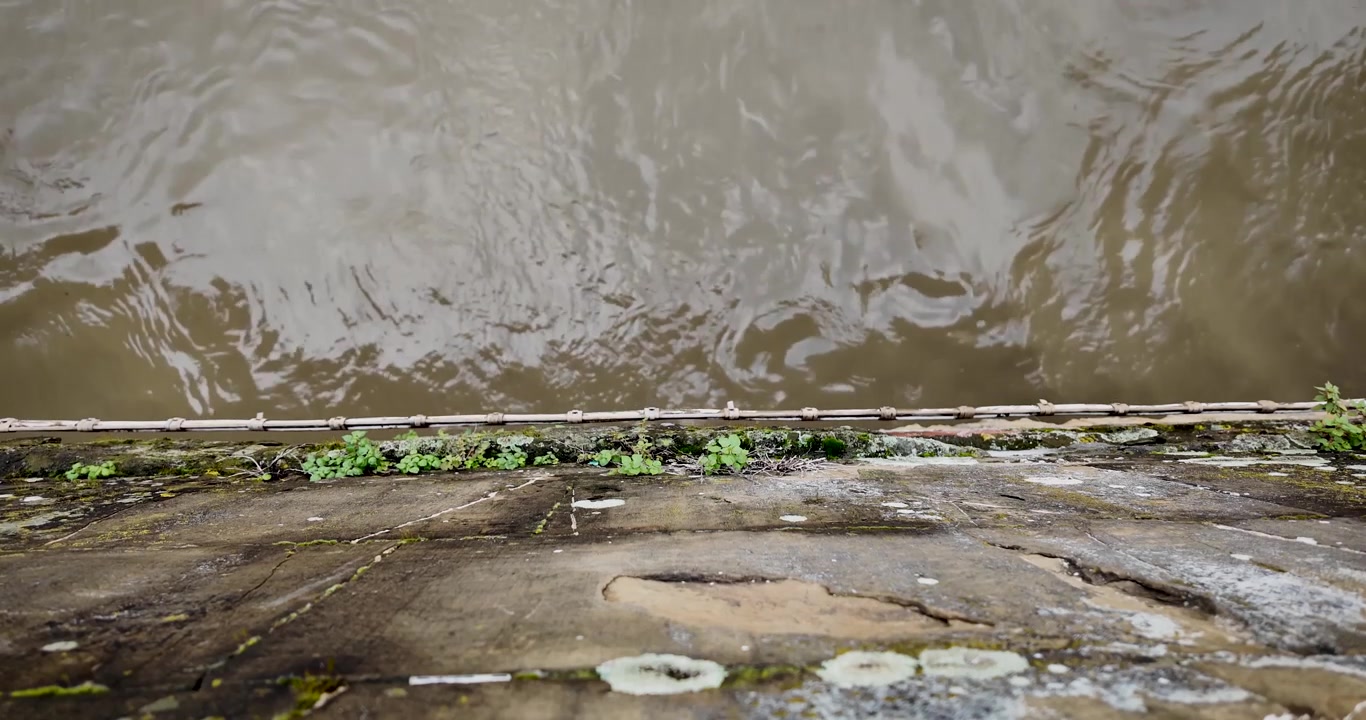 Top-down shot from Ponte Vecchio showing the Arno River flow, slowed in the middle section, highlighting water movement and the stone architecture of this iconic Florence bridge.