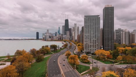 chicago lake shore drive aerial view with fall foliage