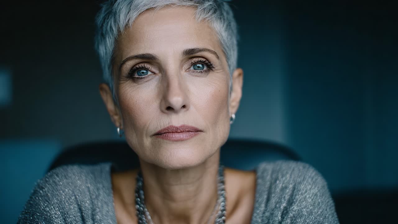 Captivating Portraits of a Mature Woman with Short Hair and Striking Blue Eyes, Reflecting Depth and Emotions in an Intimate Lighting Setting