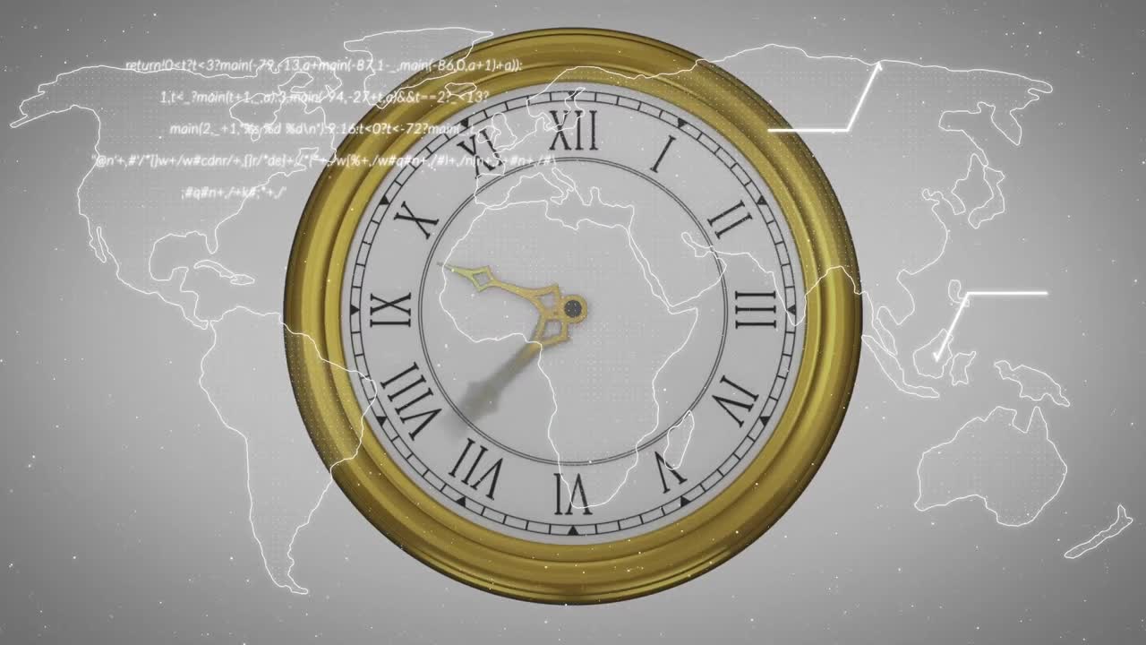 회색 배경의 세계 지도 위에서 빠르게 움직이는 빈티지 시계와 데이터 처리의 애니메이션