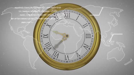 animation of vintage clock moving fast and data processing over world map on grey background