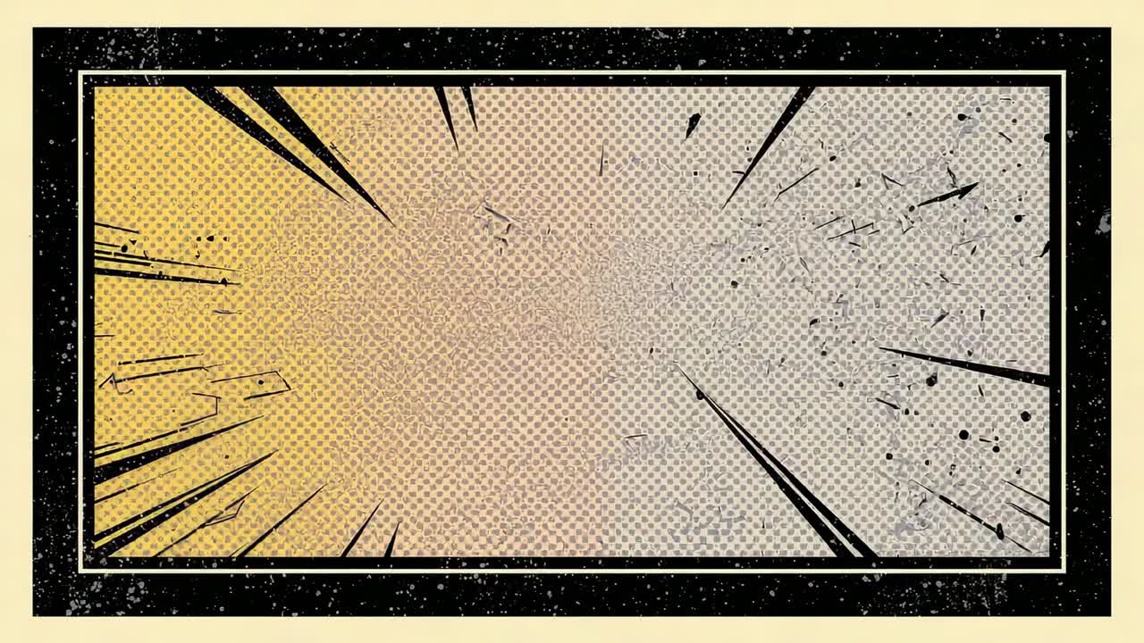 Stella gialla che appare e invia scie e schizzi in un fumetto con bordo usurato, creando un'esplosione