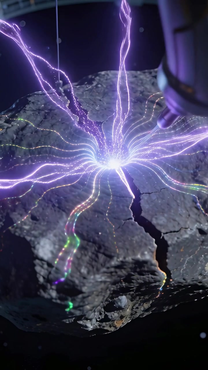 Video verticale: Ugello robotico che si abbassa verso un cratere roccioso incrinato nello spazio, generando archi viola