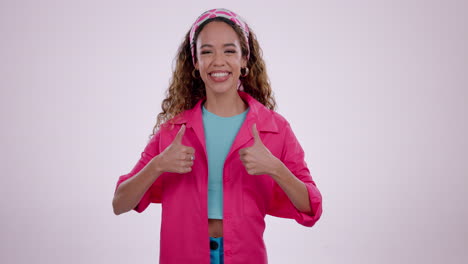 happy woman, thumbs up and winning in success