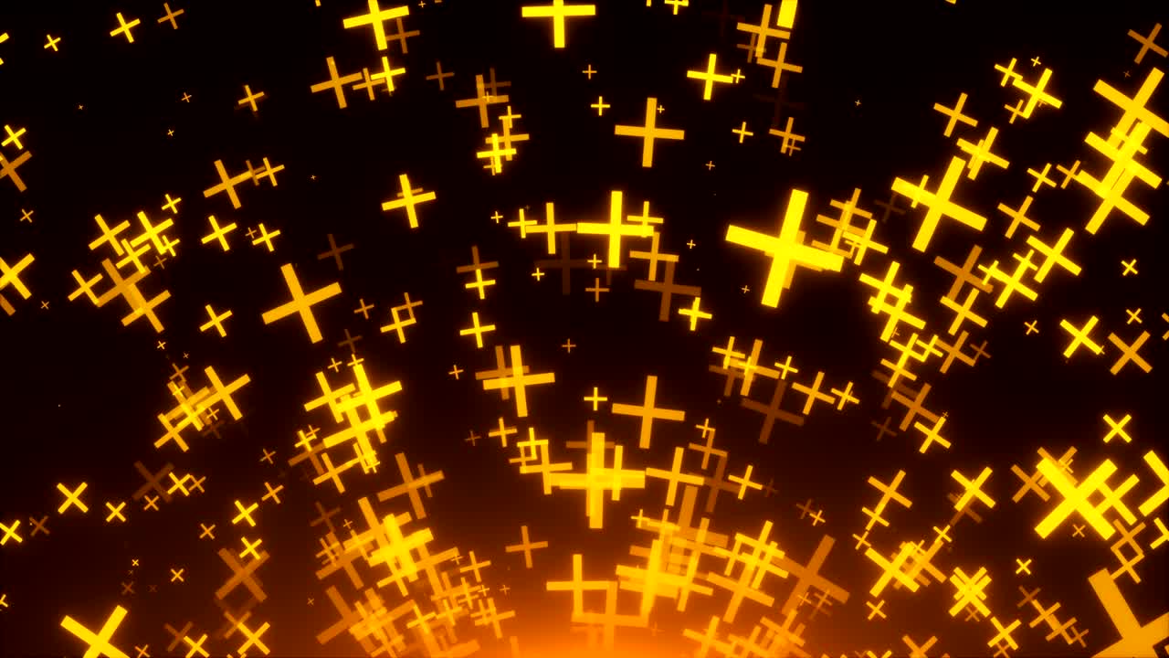 많은 황금 십자가가 우주에 있습니다. 3d 렌더링 배경, 입자의 황금 폭발, 컴퓨터 생성