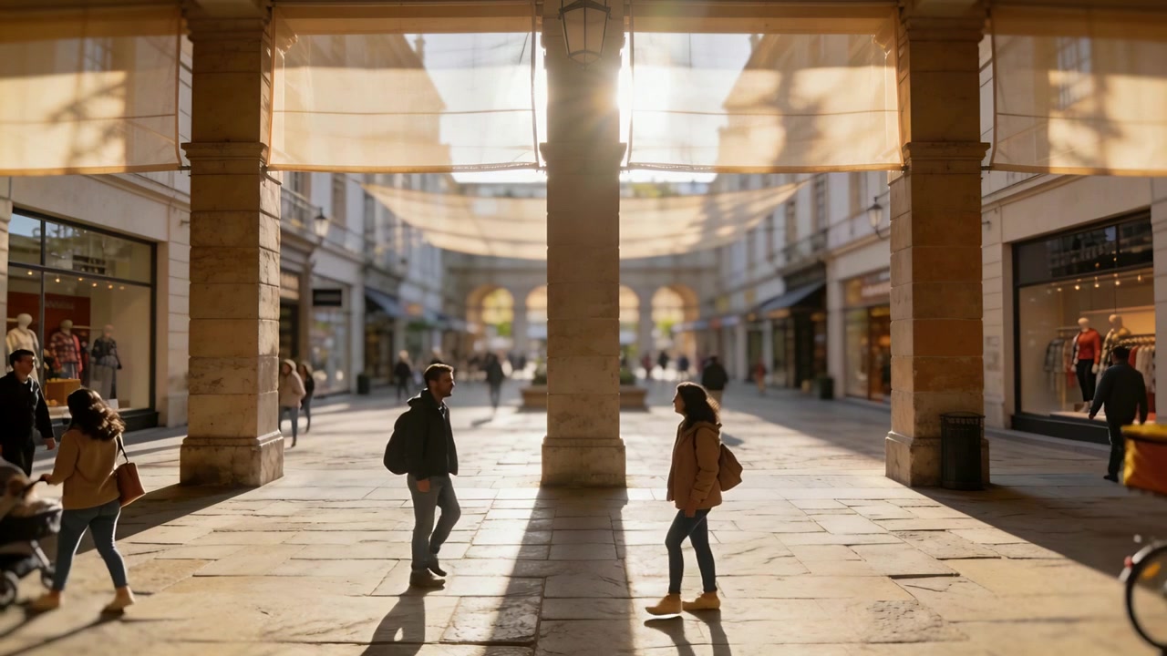 Una coppia che entra, indossando uno zaino e una giacca color cammello, attraversa una galleria commerciale, passando accanto a un passeggino e una scatola arancione