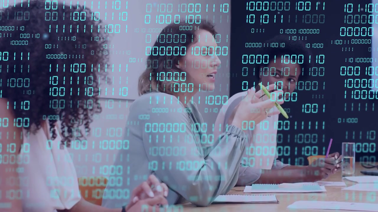 Center woman starting speaking, gesturing with markers, colleagues noting data under binary overlay