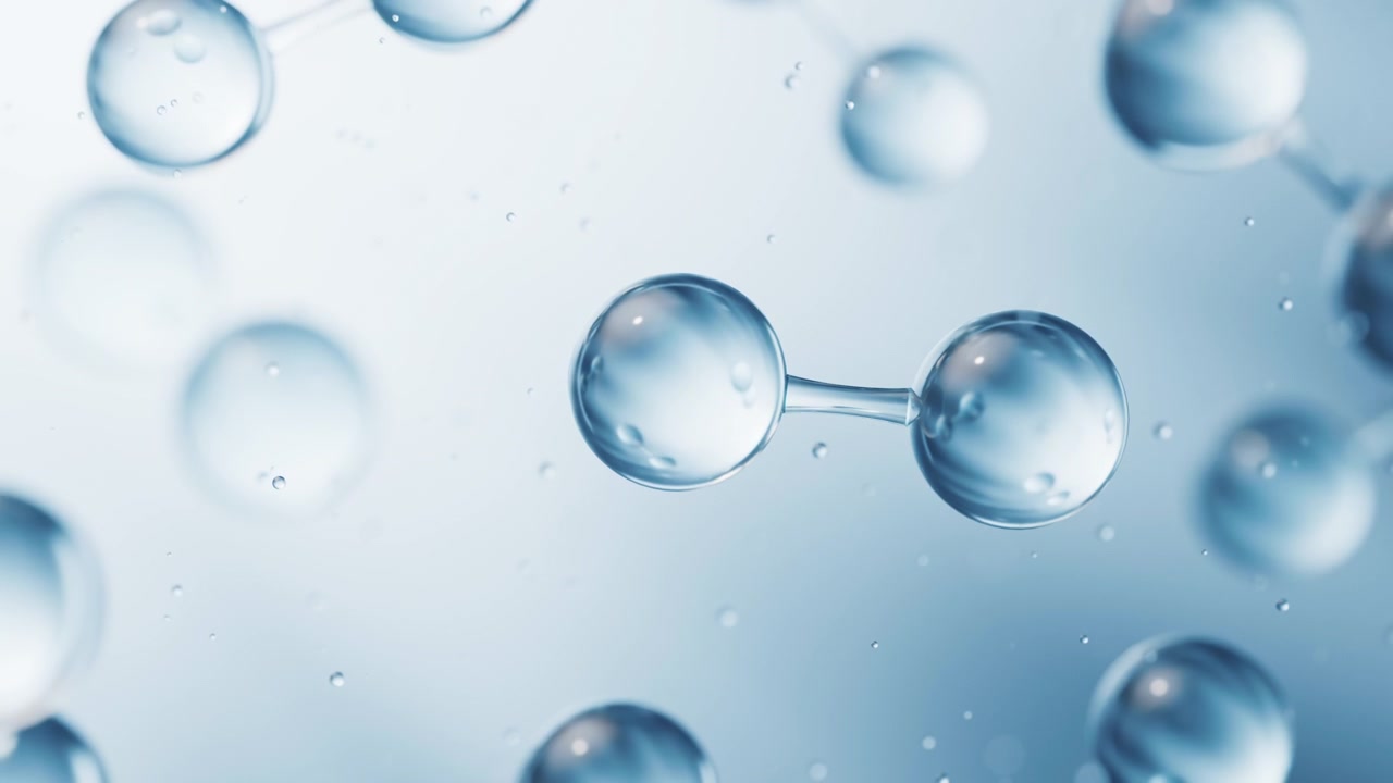 Moléculas transparentes con fondo azul, renderizado 3D