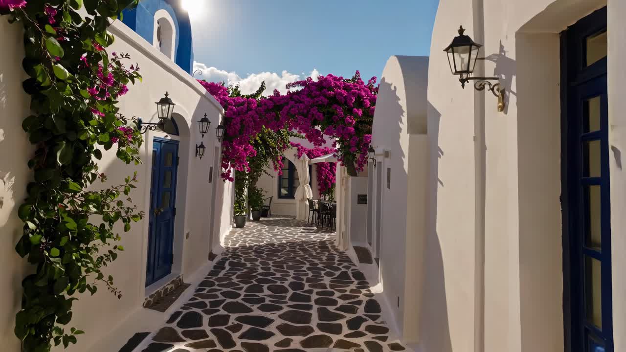 Video of a picturesque alley in Santorini, Greece, captured from a low angle, showcasing white