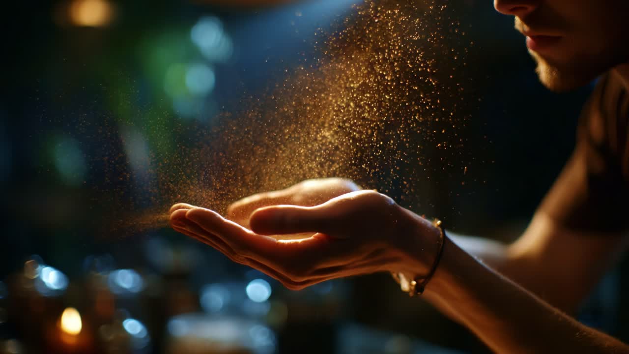 An Enigmatic Dance of Light and Dust: Capturing Flecks of Magic in the Air from a Hand, Illustrating the Intersection of Mystique and Reality