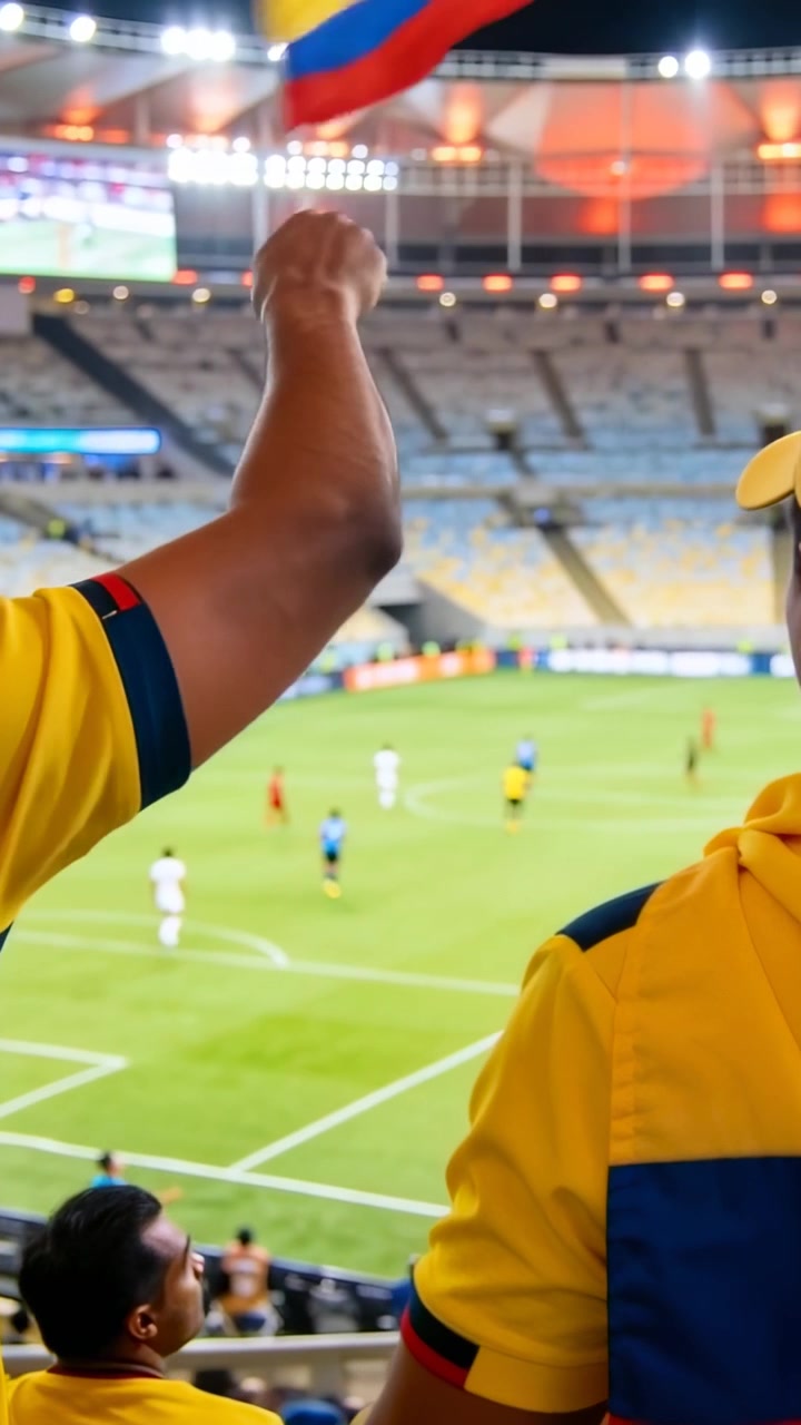 Video verticale: Reazione a una partita, tifoso a sinistra che alza una bandiera tricolore, tifoso a destra che guarda un cappellino giallo.