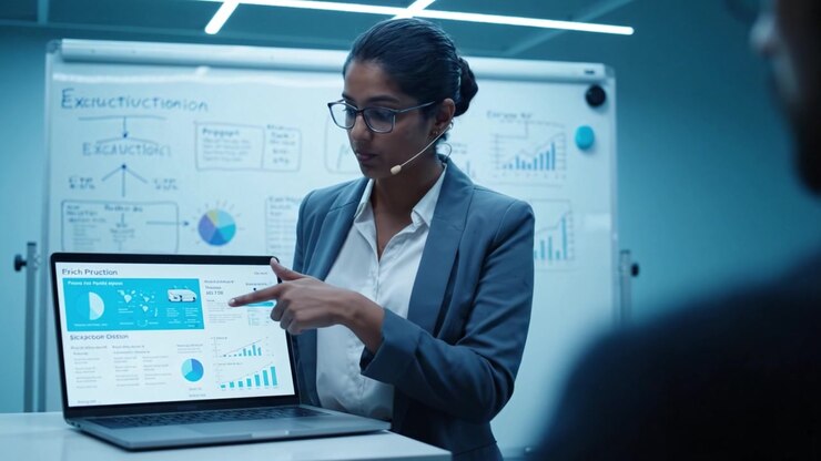 Professional Business Presentation Featuring a Woman Demonstrating Data Analytics Insights on a Laptop in a Modern Meeting Space
