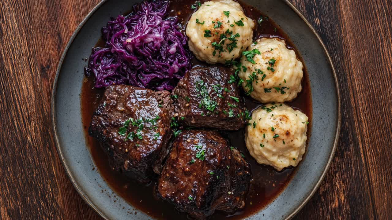 Delicious Sauerbraten with Red Cabbage and Dumplings on Plate