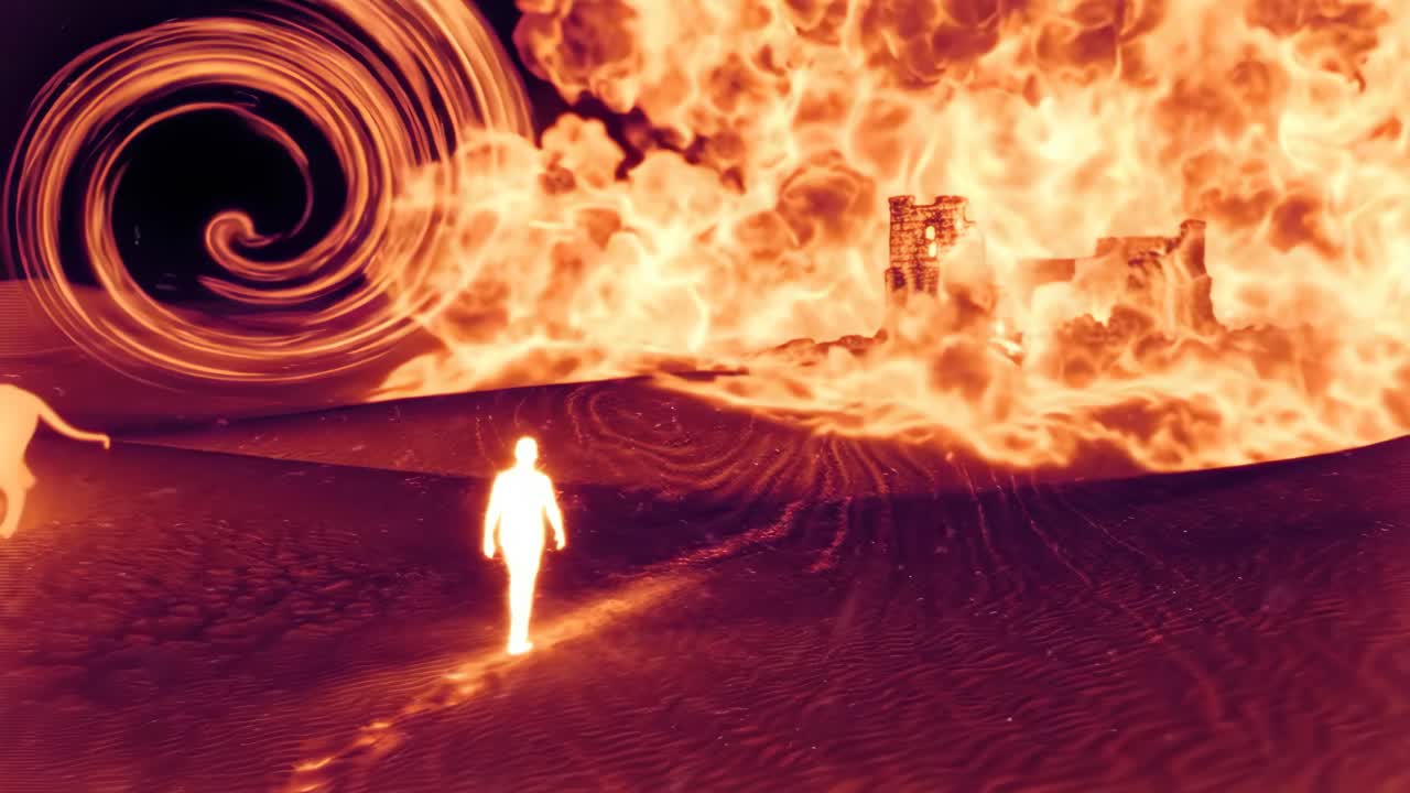Figura luminescente che cammina attraverso un deserto termico con rovine che esplodono
