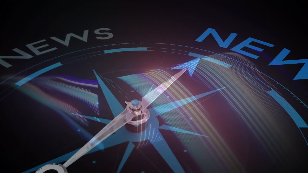 Animation of compass needle pointing towards NEWS with dynamic light streaks