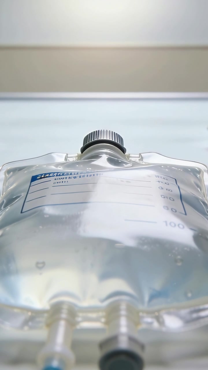 Vertical video: Displaying IV bag on tray in clinic being placed for IV use with ports tubing label