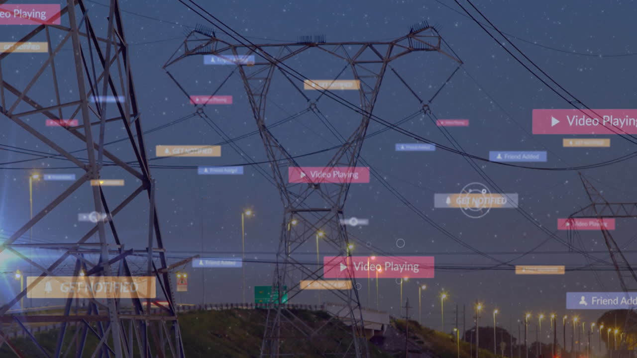 Central steel tower glowing against night sky, overlaying UI notifications across power lines