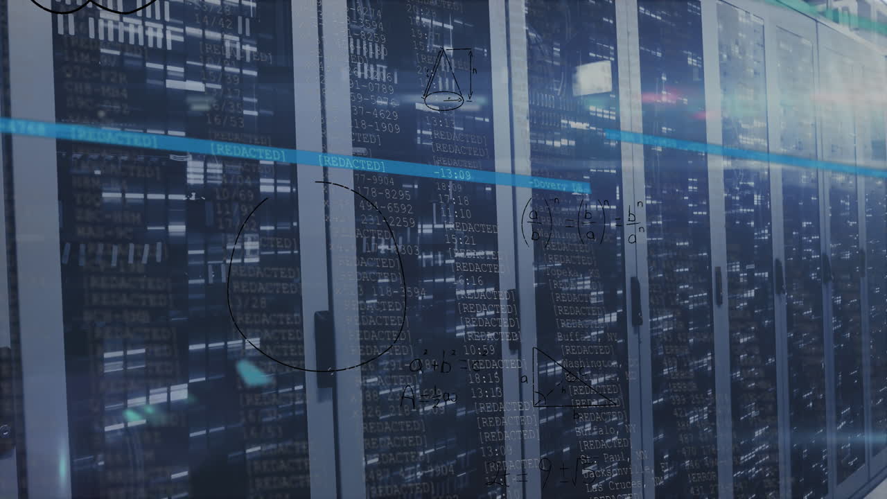 Animation of mathematical equation and diagrams over falling bars against server rack in background
