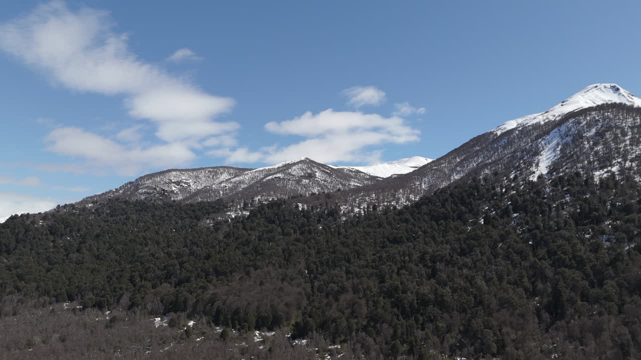 Catena montuosa innevata con foresta lussureggiante