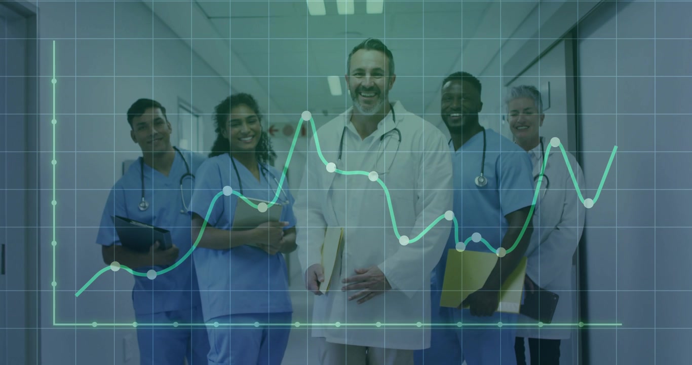 Divers medisch team loopt door ziekenhuisgang met data-overlay