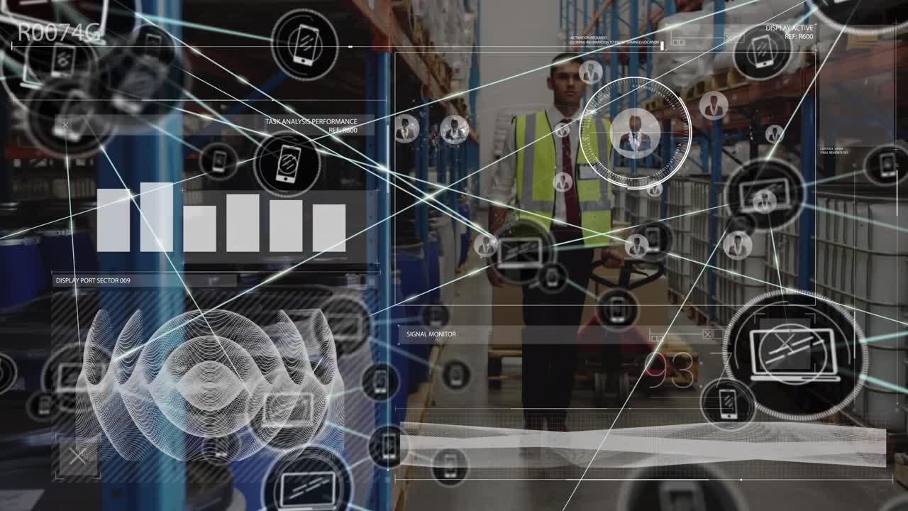 Animazione dell'elaborazione dati su un operaio caucasico in un magazzino