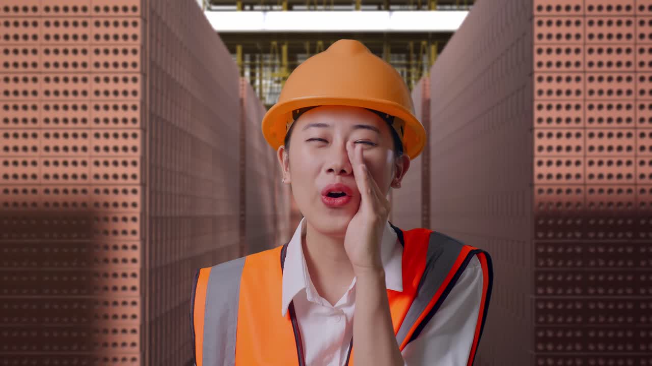 Close Up Of Asian Female Engineer With Safety Helmet Yelling With Hand Over Mouth While Standing With Red Brick Packed in Stacks Are Stored