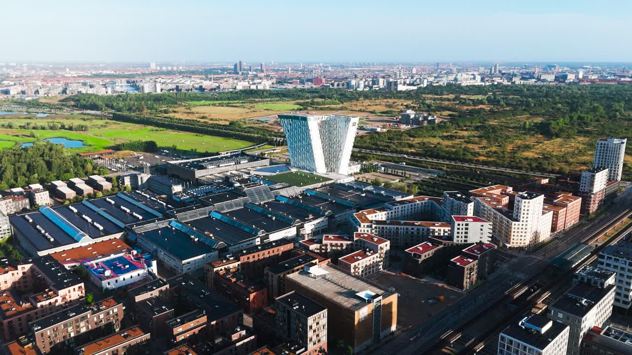 Aerial view of Copenhagen suburb with multistory Bella conference center