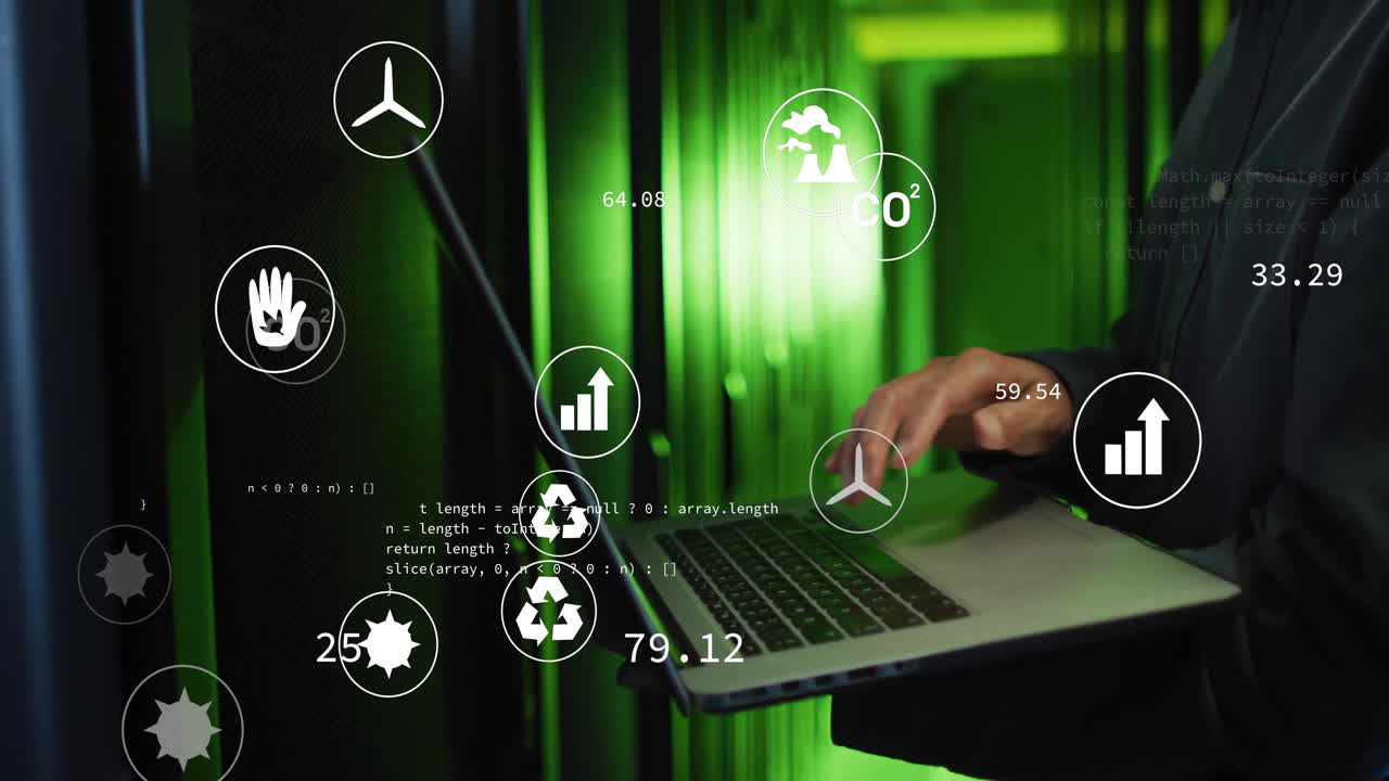 Typing on laptop with animation of sustainability icons and environmental data