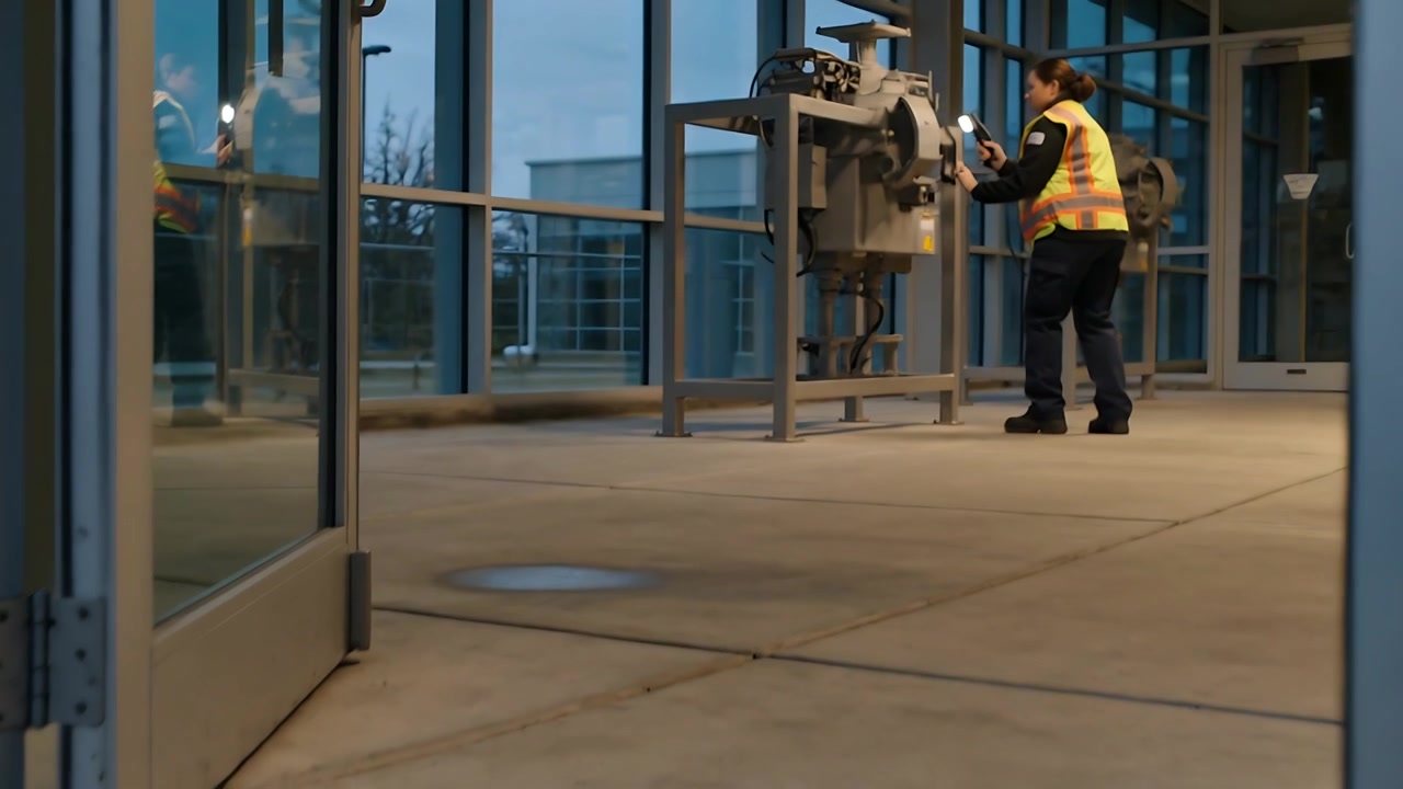 Lavoratore con giubbotto ad alta visibilità usa scanner al tornello d'ingresso mentre le porte si aprono, spazio copia.