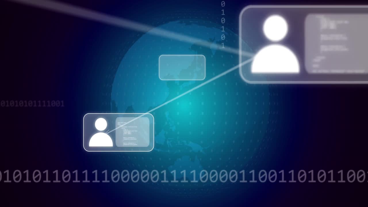 animación de conexiones y procesamiento de datos de codificación binaria sobre fondo azul.