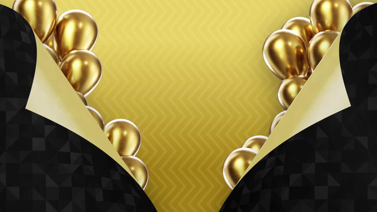 dos páginas negras volteadas hacia adentro en un fondo amarillo con globos dorados