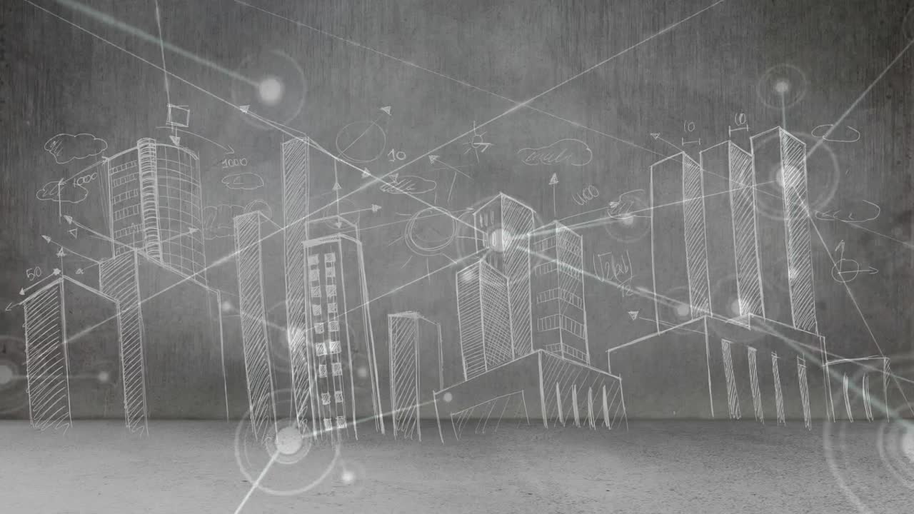 conexión de línea abstracta con el fondo de la ciudad dibujada