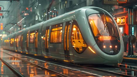 A modern tram traveling through a city at night