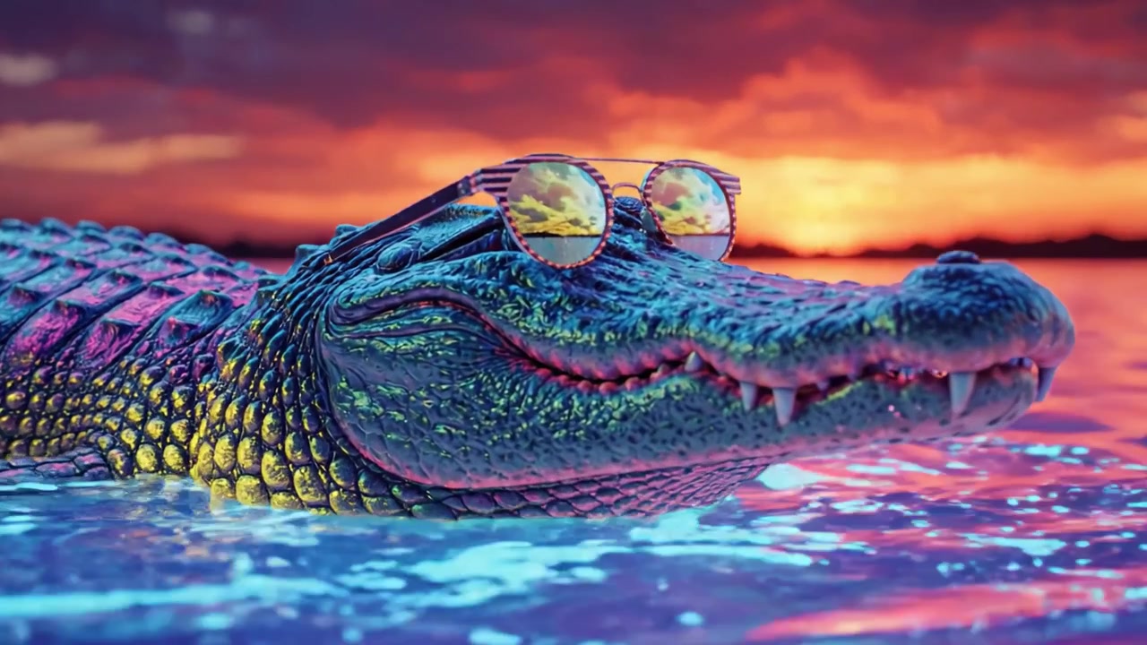 Un coccodrillo colorato con occhiali da sole al tramonto: una scena accattivante della giocosità della natura e di colori vivaci in un sereno ambiente acquatico