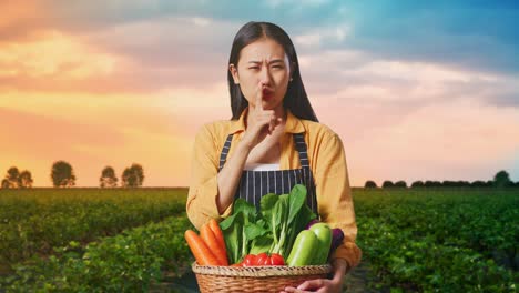 asian female farmer with vegetable basket showing silence gesture in field