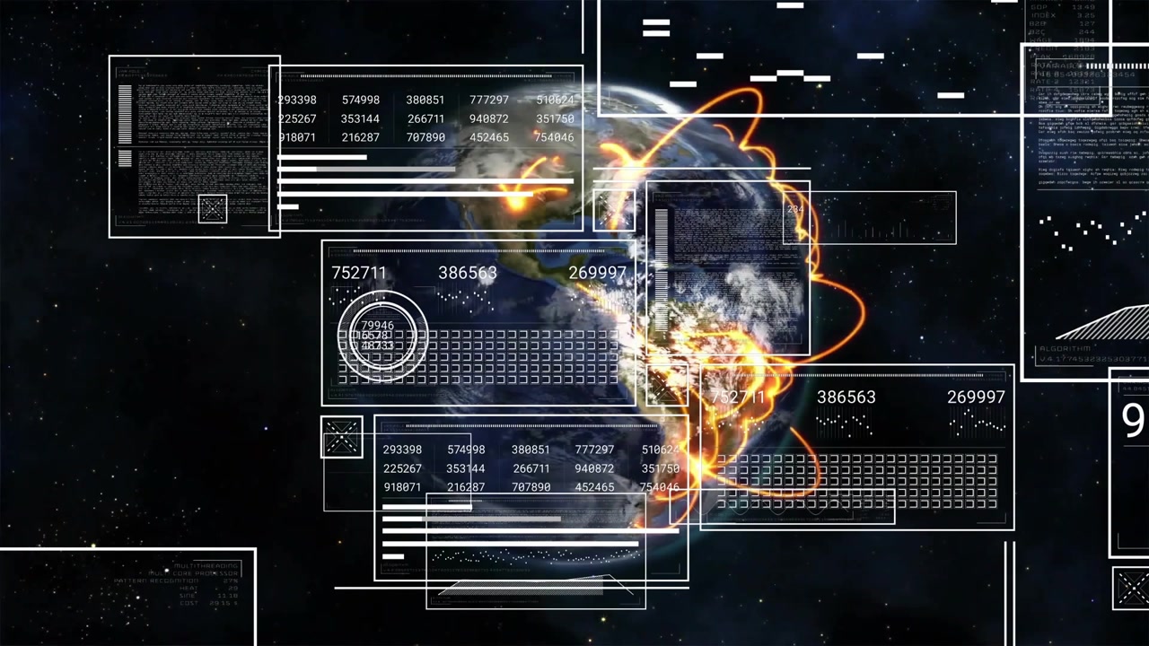 Animation of interface with charts processing data over globe with glowing orange network on black