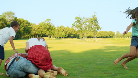 Familia-Positiva-Jugando-Con-Pelota-En-La-Pradera.-Hombre-Feliz-Lanzando-Pelota-A-Niña