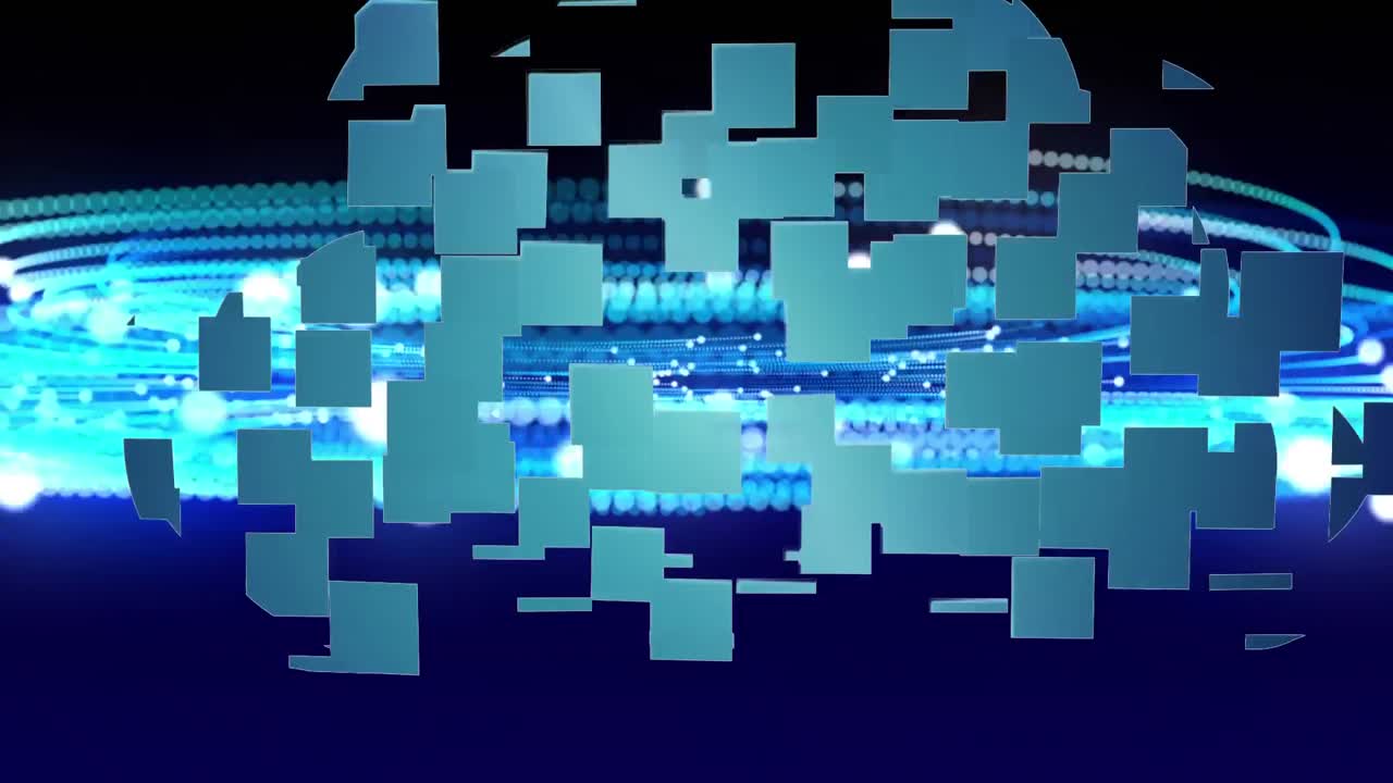 Animation of cloud symbol forming from floating squares with glowing fibre optic lines on black back