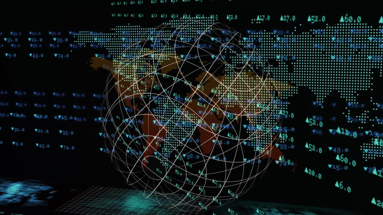 Animation of data processing over world map and globe