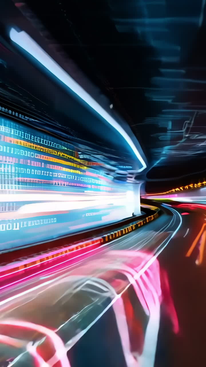 A highway with a long line of numbers on the side. The numbers are in different colors and are arranged in rows. The highway is empty and the numbers seem to be moving in a continuous stream