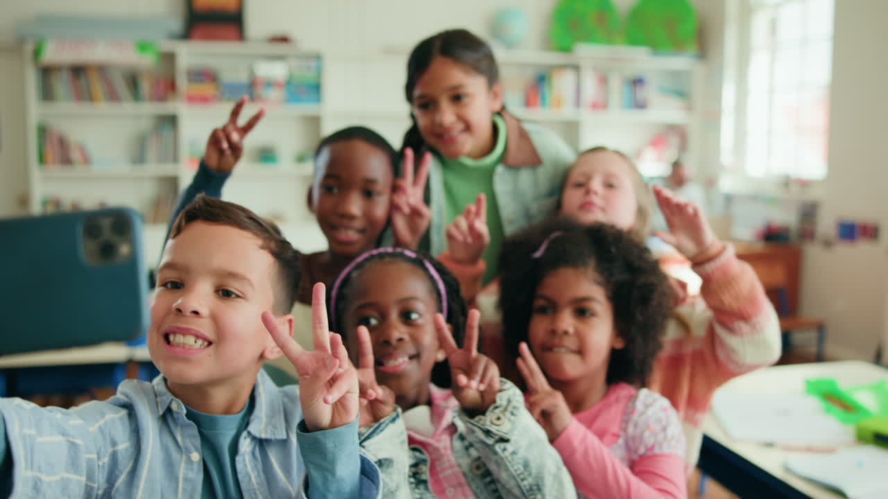 Group of students taking a selfie in the classroom